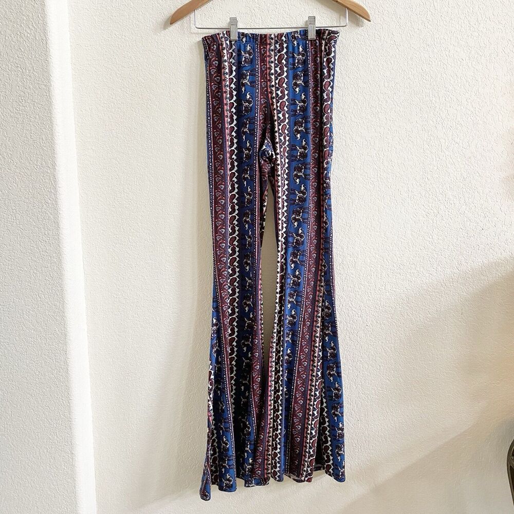 Nu Label Flared Bell Bottom Pants Womens Size‎ M Elephant Multicolor Stretch